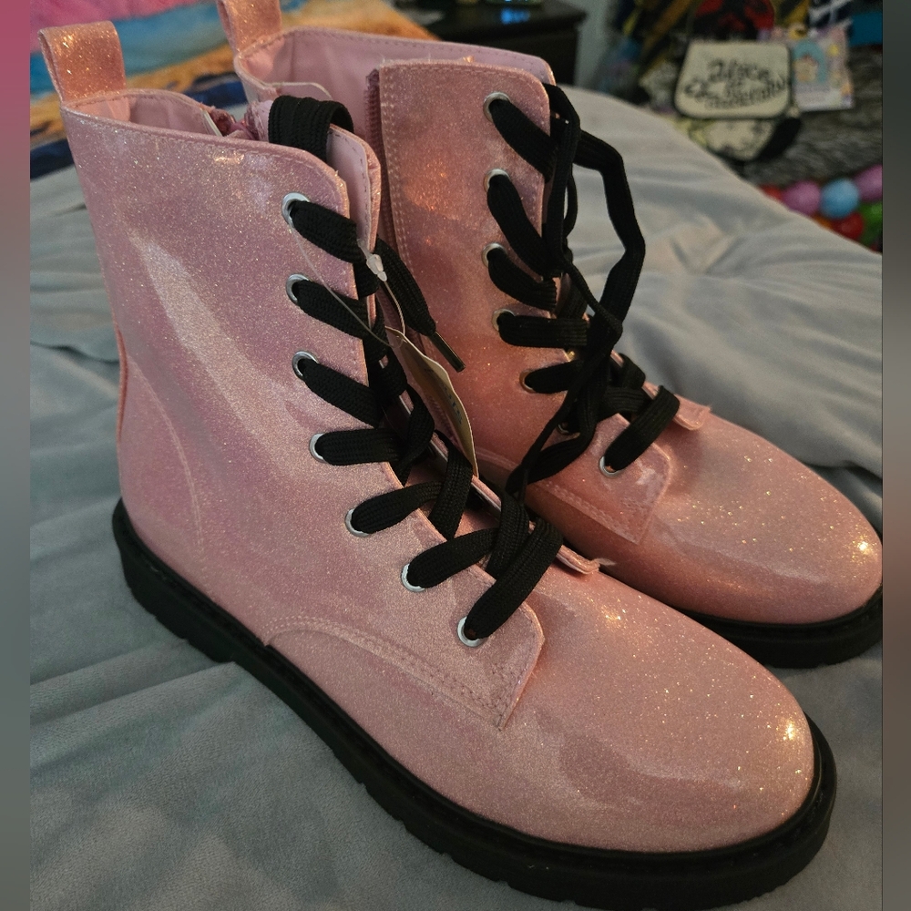 Sparkly Pink Lace-Up Combat Boots